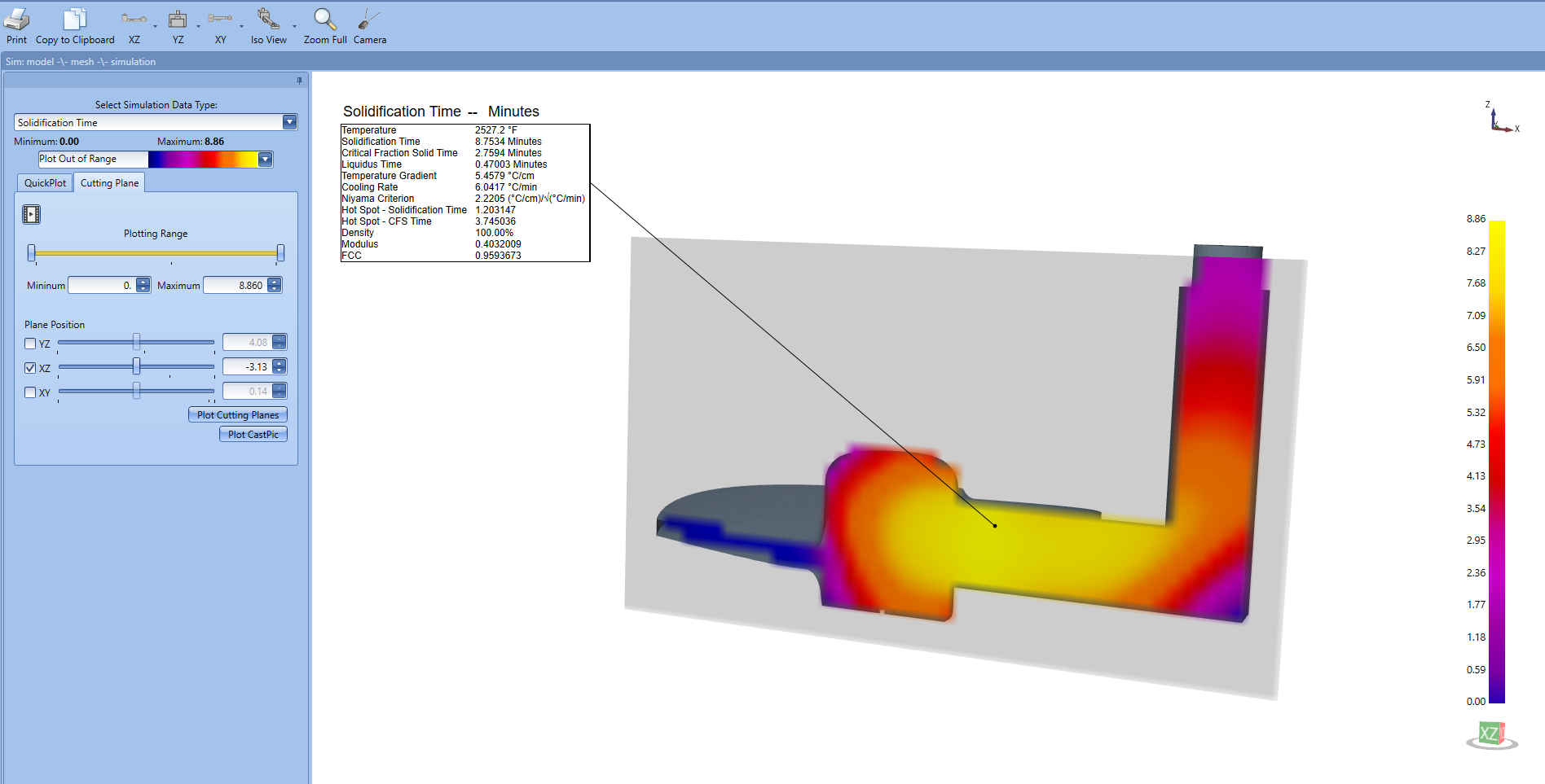 Baseline SOLIDCast solidification-time cutting plane. The legend maximum is 8.86 minutes and selected point is 8.7534 minutes.