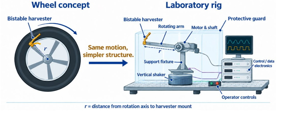 Concept illustration of a tire-mounted energy harvester and a proposed laboratory rig.